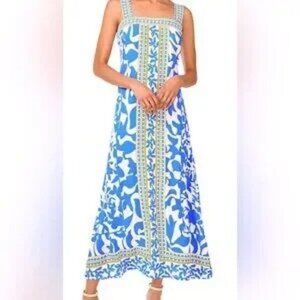 Vince Camuto Floral Border Print Maxi Dress XL Blue White Summer Vacation